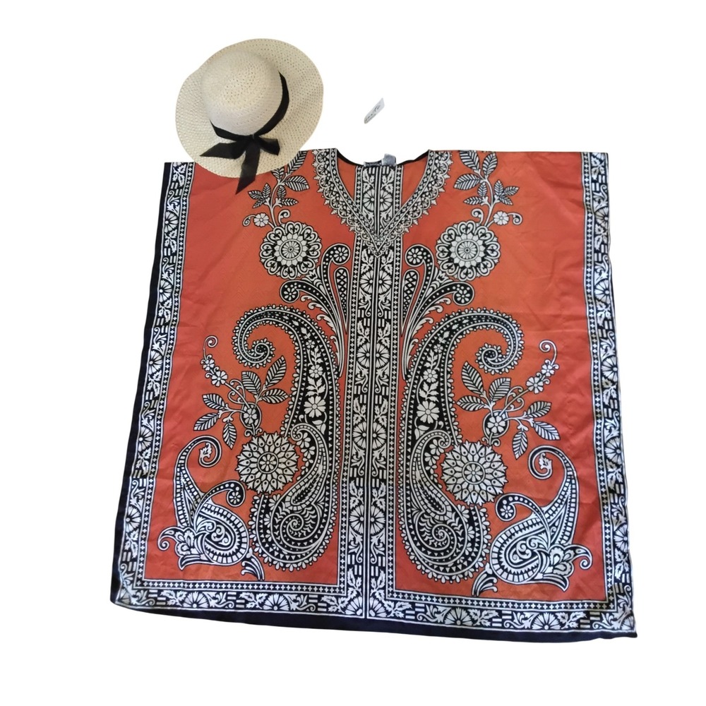 Sante Classics Orange Paisley Kaftan Top and Straw Sun Hat Set One Size NEW